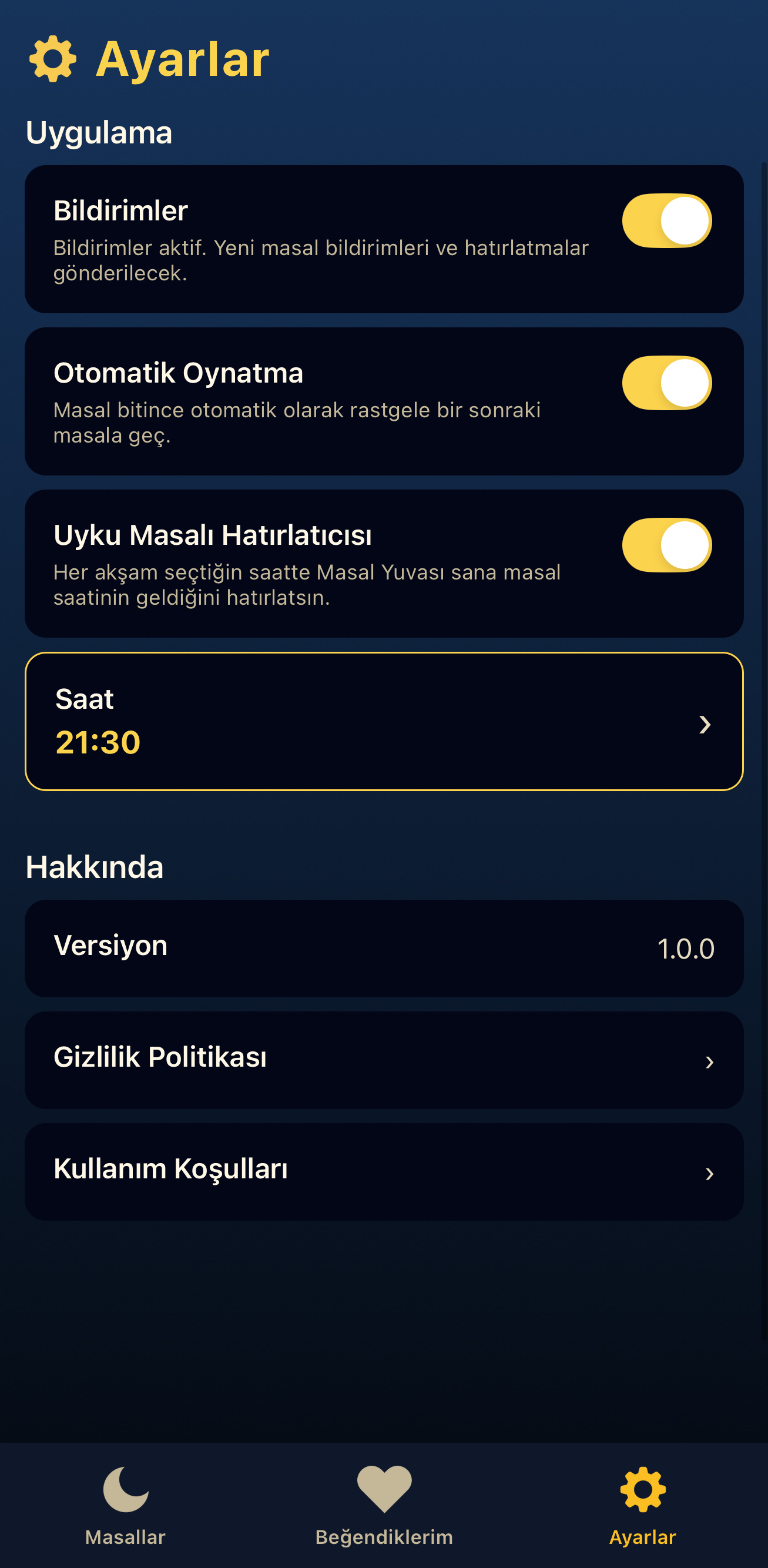 Masal Yuvası uygulama ayarları
